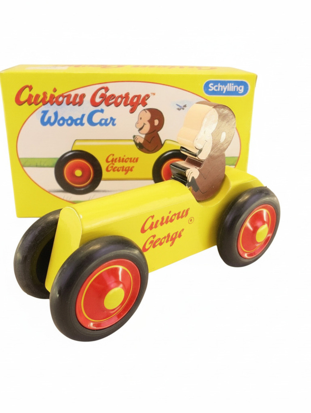 Vintage Curious George Yellow Wood Car by Schylling Derby Car Race Car